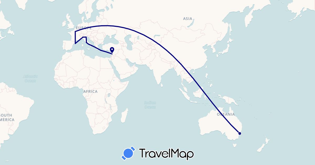 TravelMap itinerary: driving in Australia, Spain, France, Greece, Italy, Lebanon (Asia, Europe, Oceania)